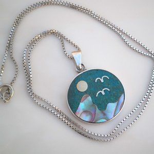 1960s Mexico Eagle Marked Carsi Turquoise Abalone 925 Sterling Pendant Necklace